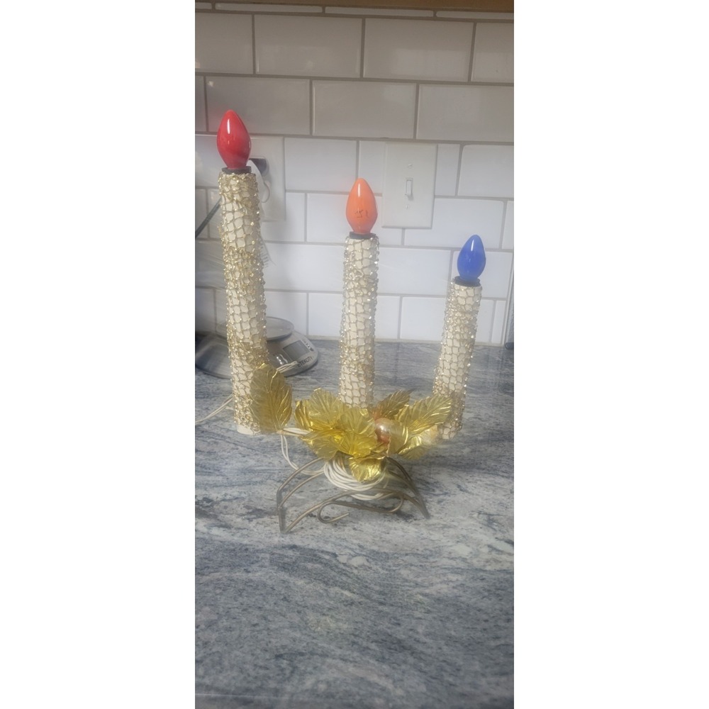 Vintage Mirostar Candolier Gold Tinsel Mesh 3 Candle Table Decor 50s Wire Lamp